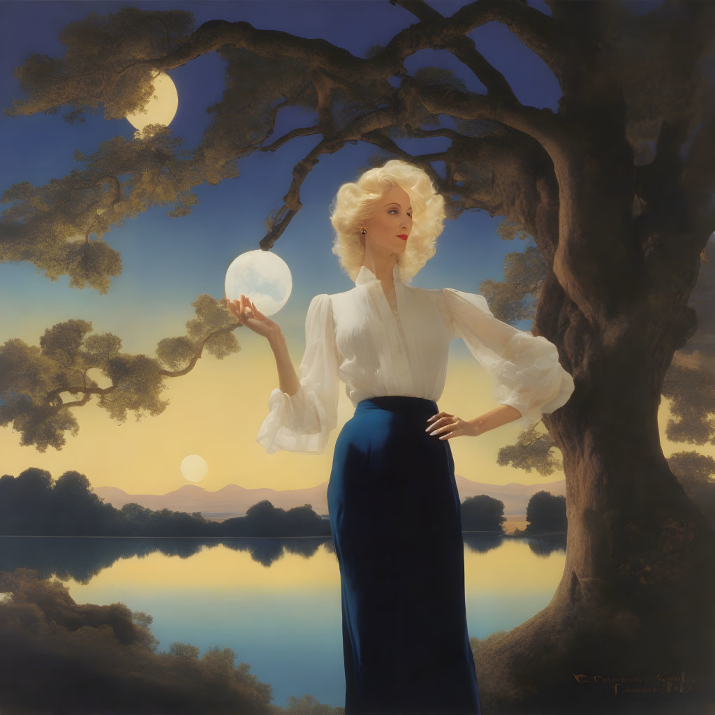 Stylized painting of woman in vintage attire with glowing orb under tree