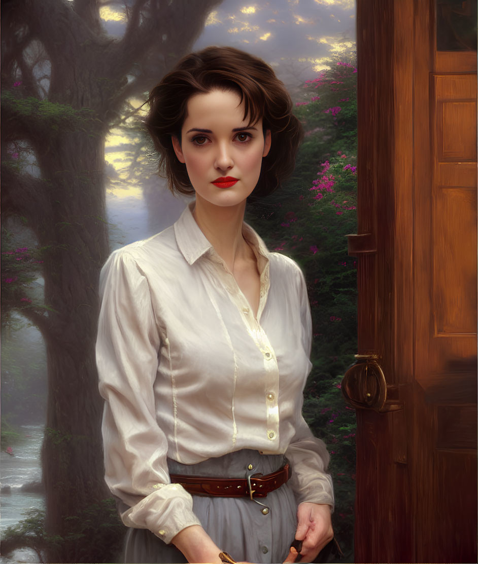 Woman in white blouse by open door in serene forest scene