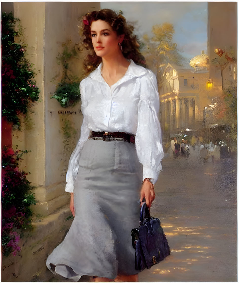 Woman with Briefcase in White Blouse on Sunlit Street