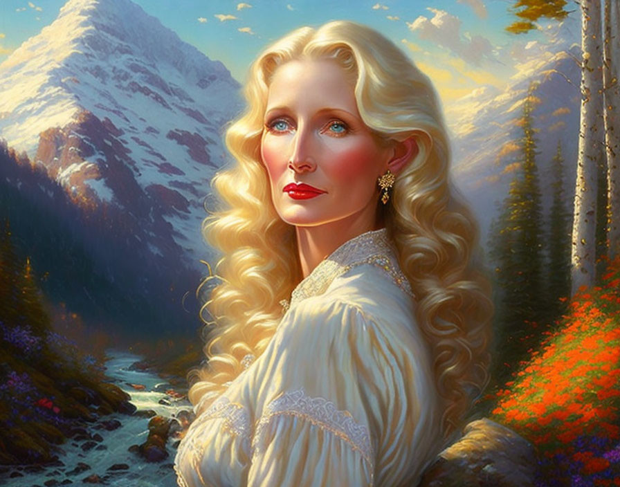 Ethereal woman with blond hair in mountain landscape