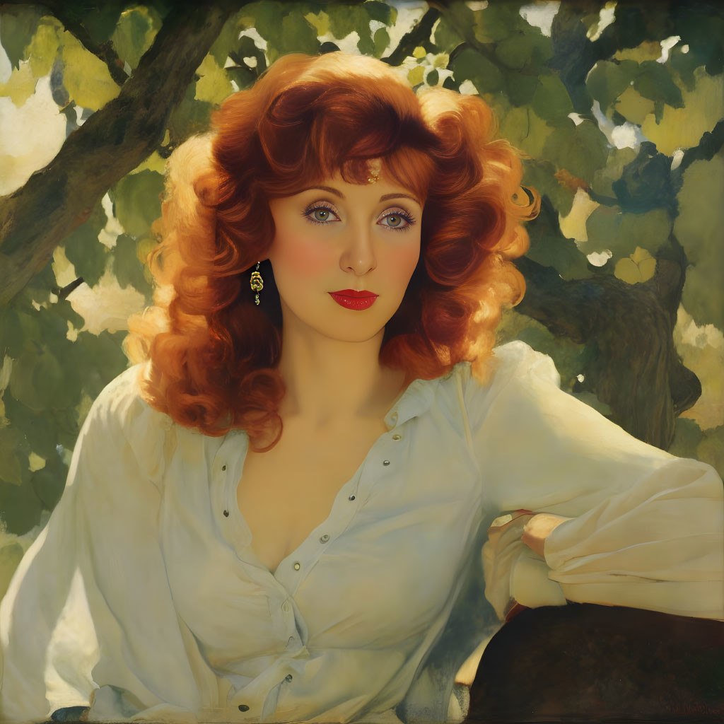 Portrait of Woman with Long Curly Red Hair and Blue Eyes in White Blouse on Leafy Background