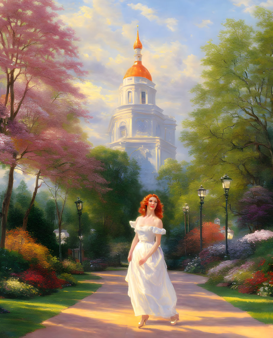 Woman in white dress strolls through blooming gardens with historic building and lampposts