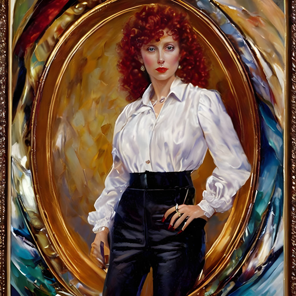 Curly Red-Haired Woman Portrait in Oval Frame