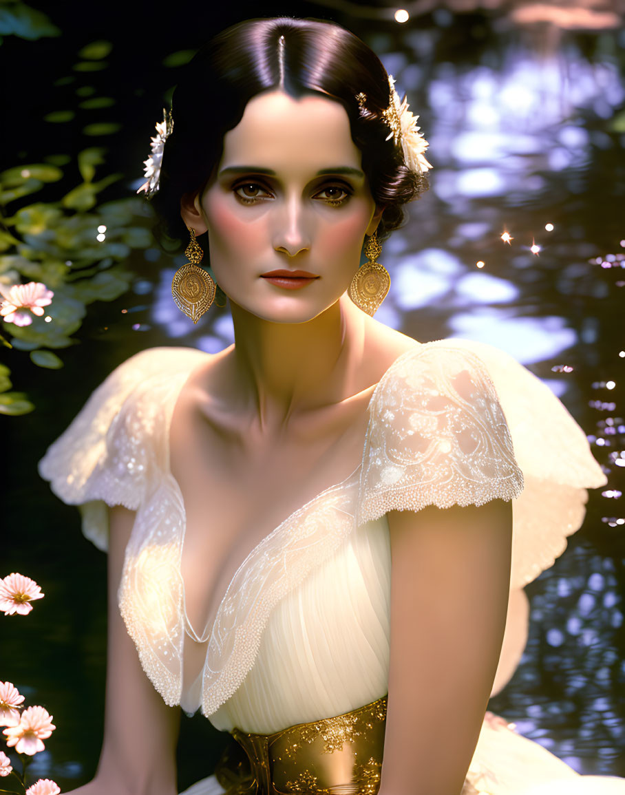 Portrait of woman in white vintage dress with dark hair, earrings, headpiece, water and flowers background