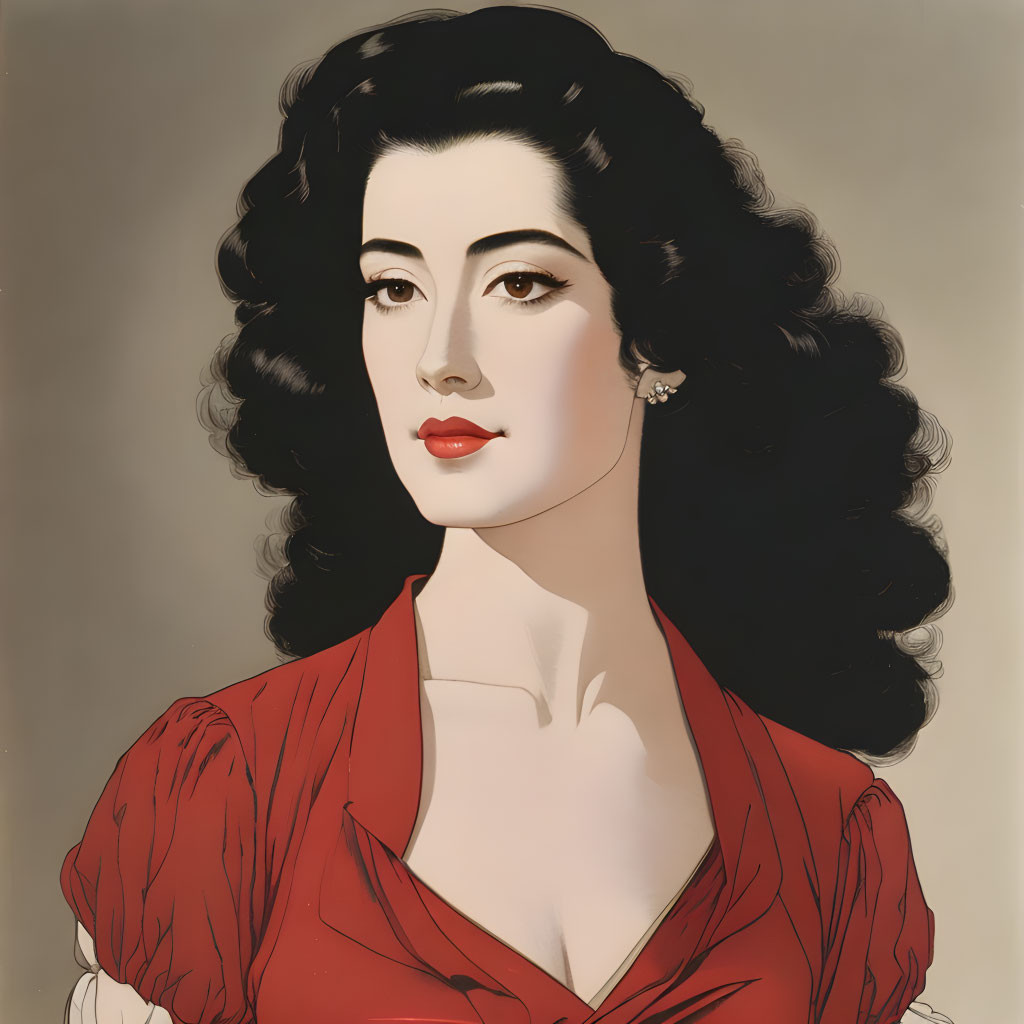 Stylized portrait of woman with black hair, red lipstick, red top