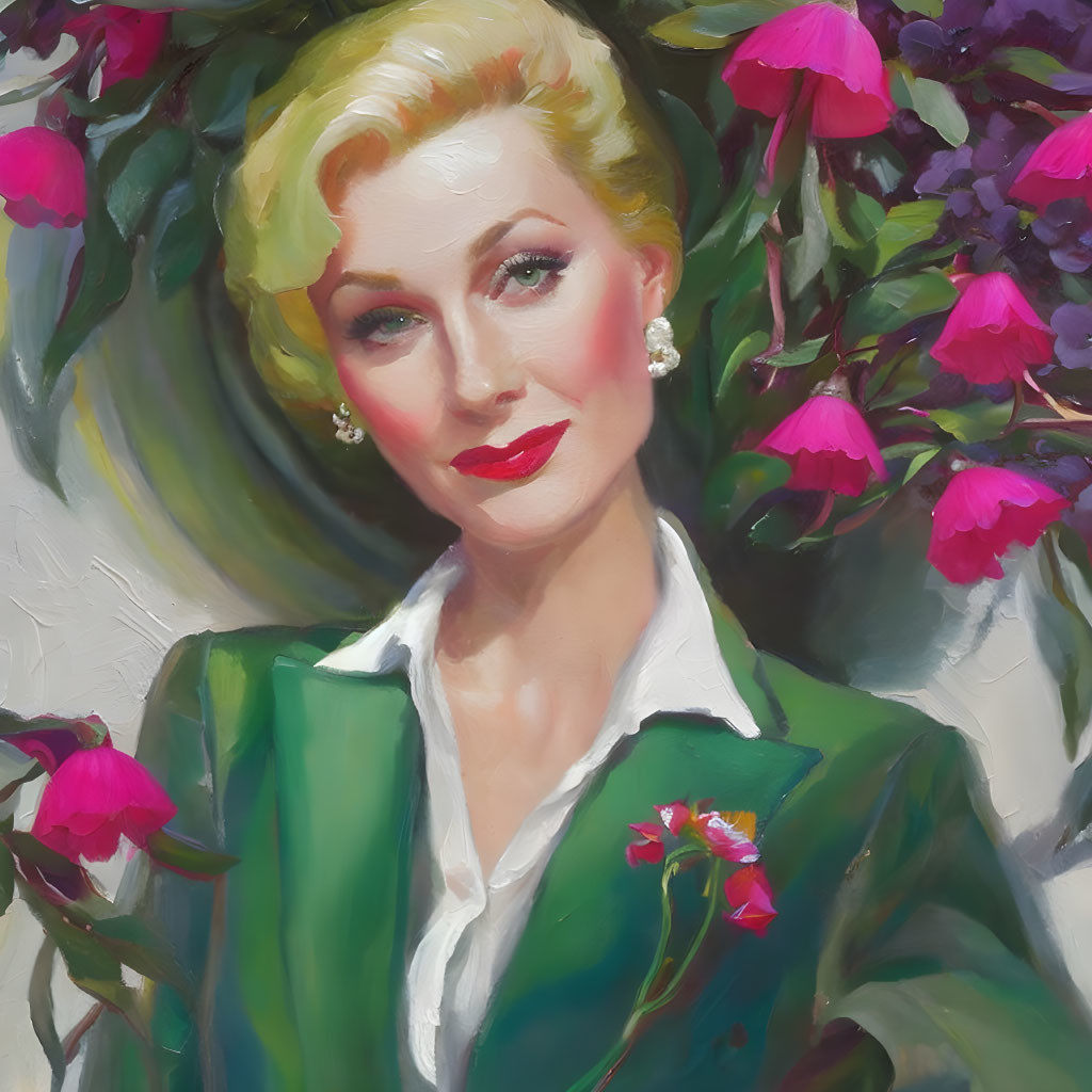 Blonde woman in green blazer with pink flowers