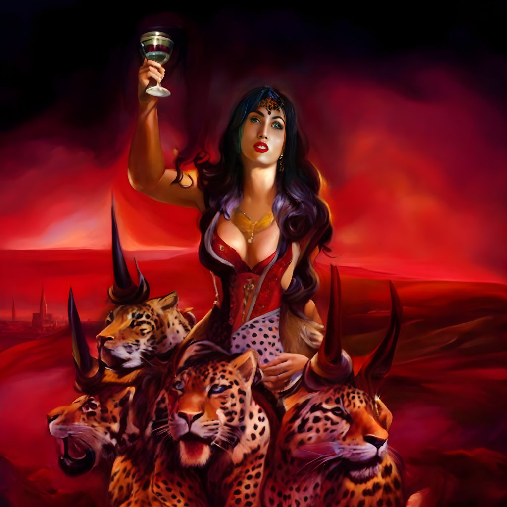 Dark-haired woman with cup sits with leopards on fiery red backdrop.