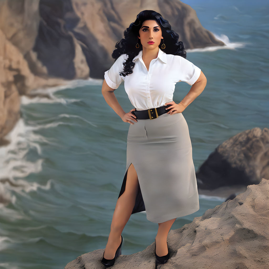 Dark-haired woman in white shirt and grey skirt on rocky cliff overlooking ocean.