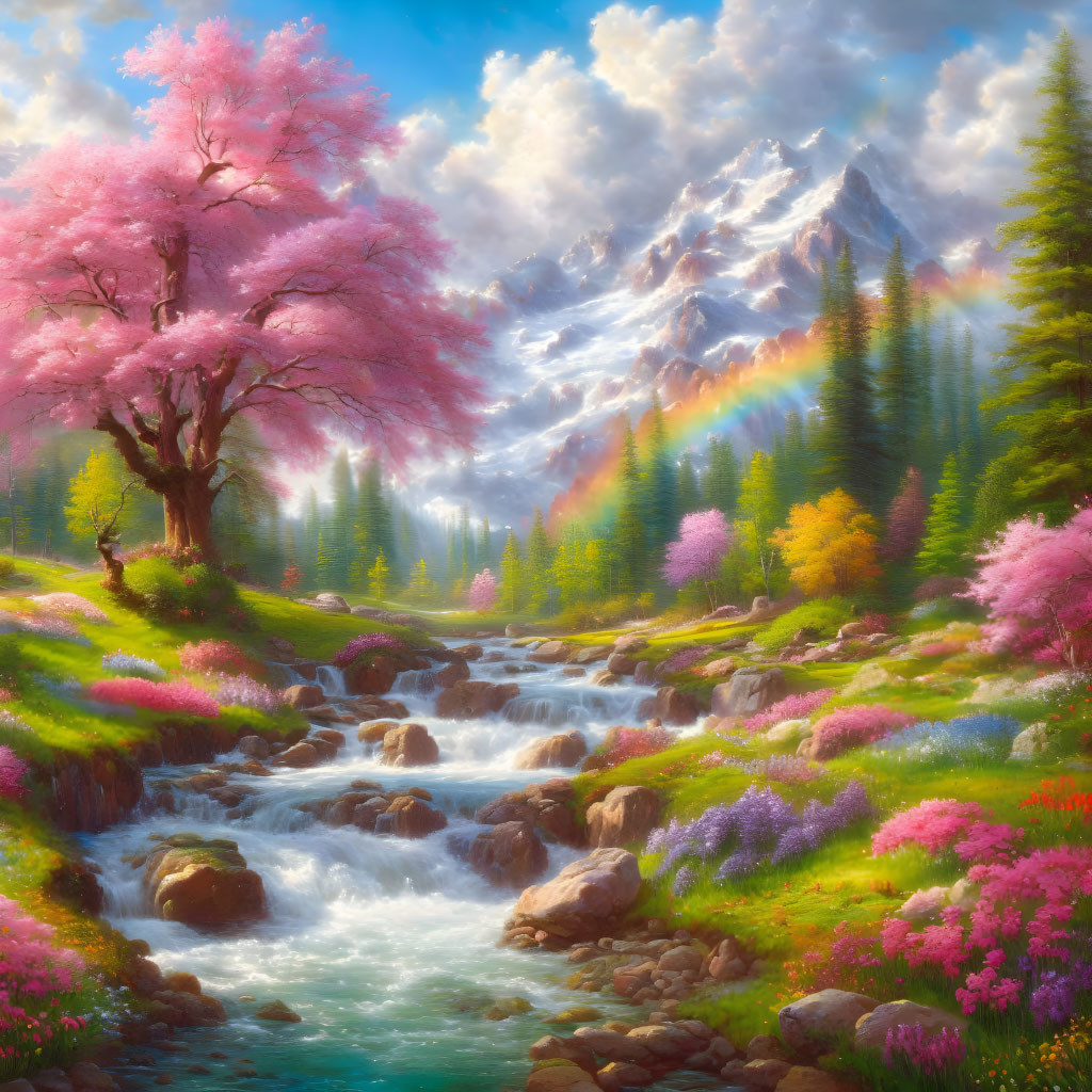 Scenic landscape with cherry blossom tree, stream, flowers, rainbow, and mountains