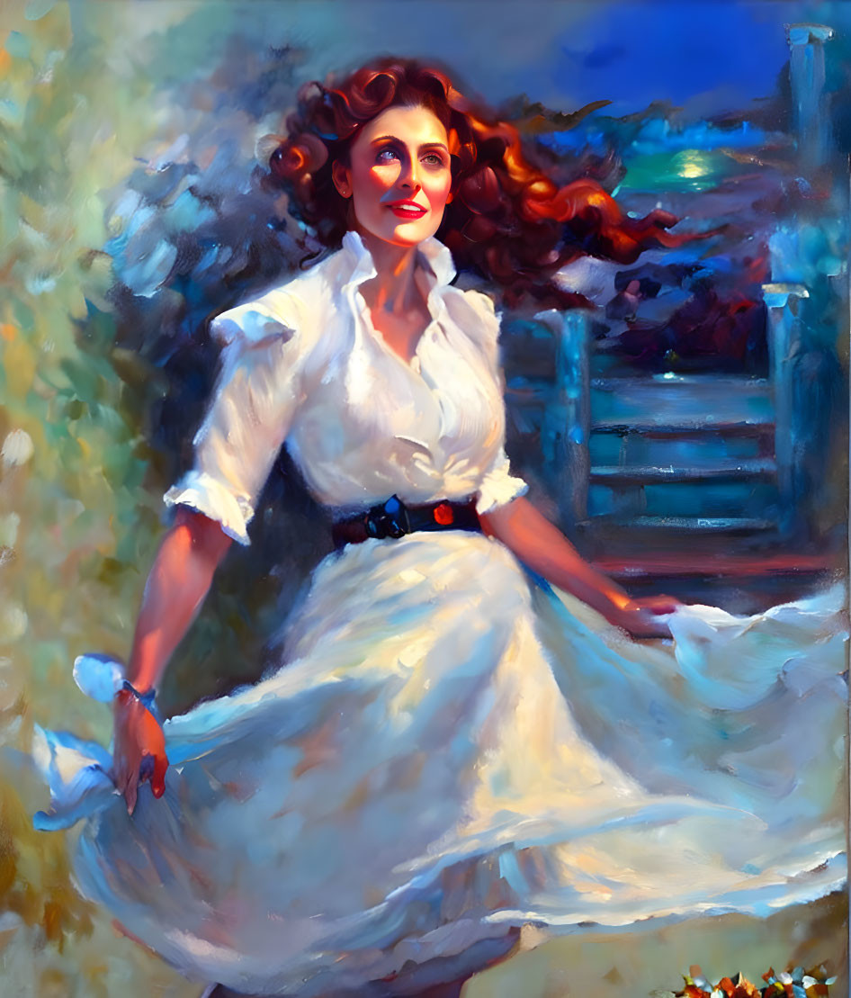 Young woman portrait with red hair, white outfit, and impressionistic background