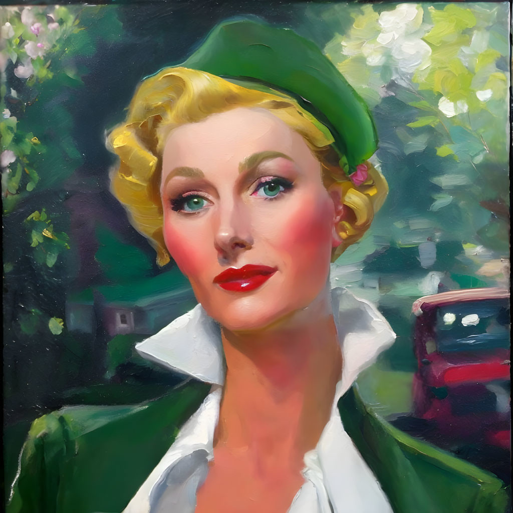 Vintage-Style Painting of Woman with Blond Hair and Green Hat