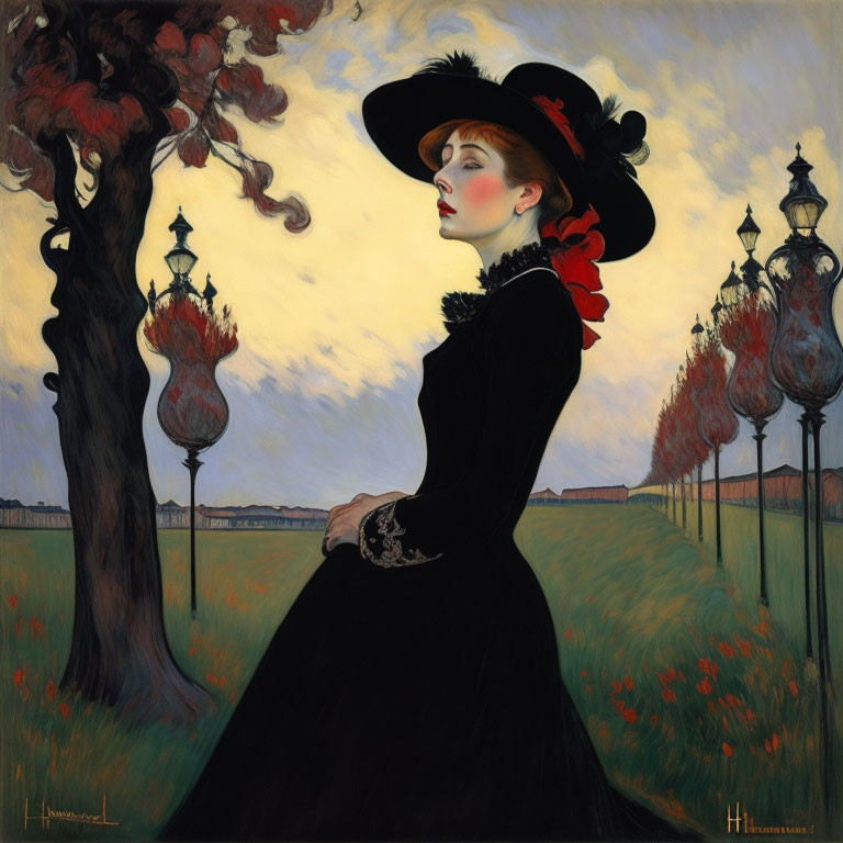 Victorian woman in black dress against twilight sky & trees