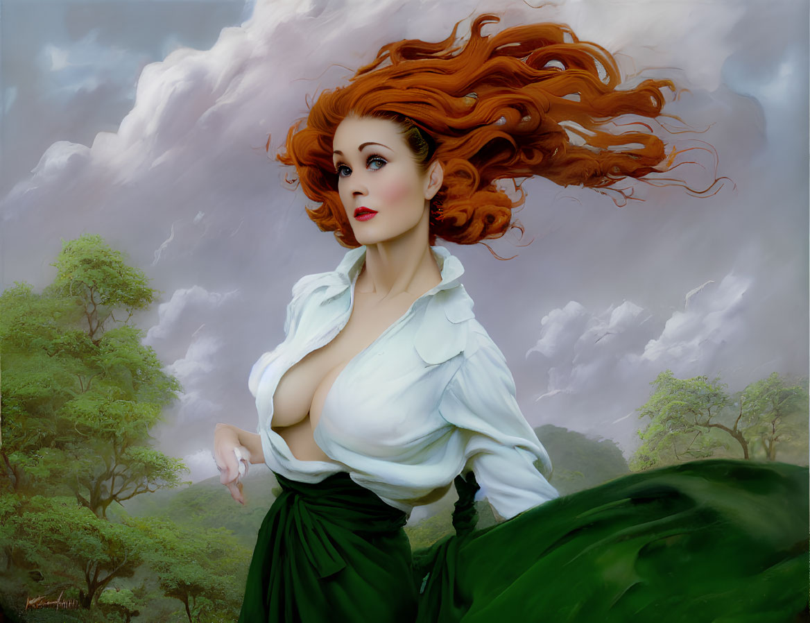 Digital artwork of woman with red hair in green skirt against stormy skies and trees