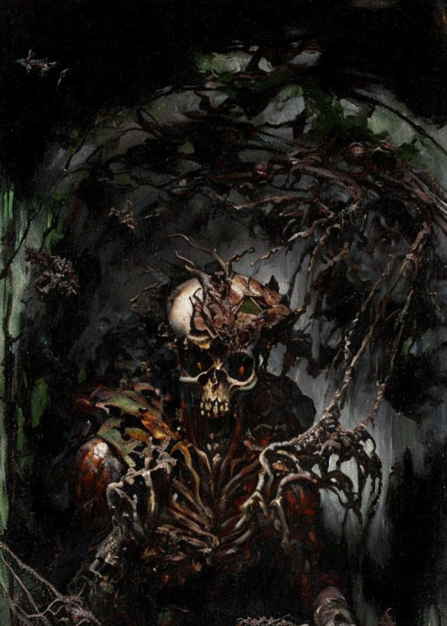 Skeletal Figure in Gothic Setting with Branches and Foliage