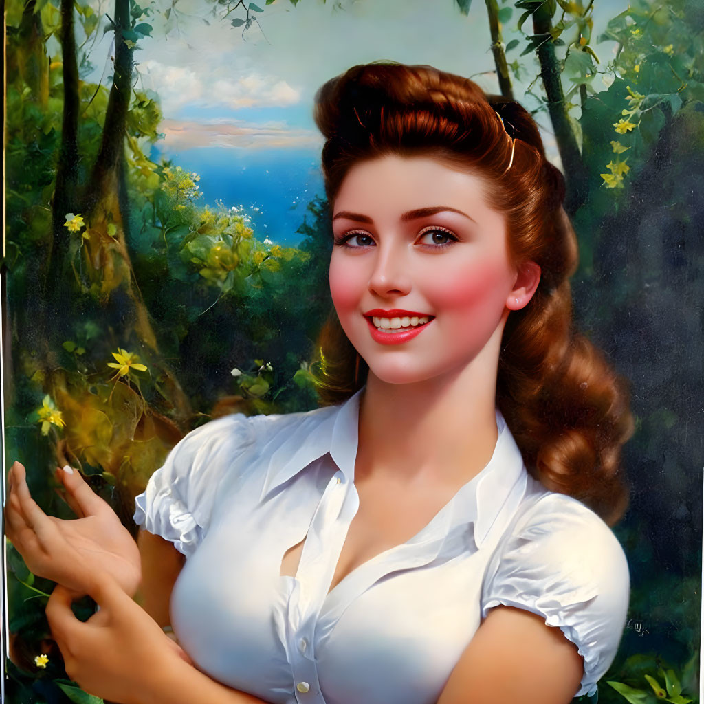 Vintage-style painting of smiling woman with ponytail in white blouse, gazing at hand, surrounded by