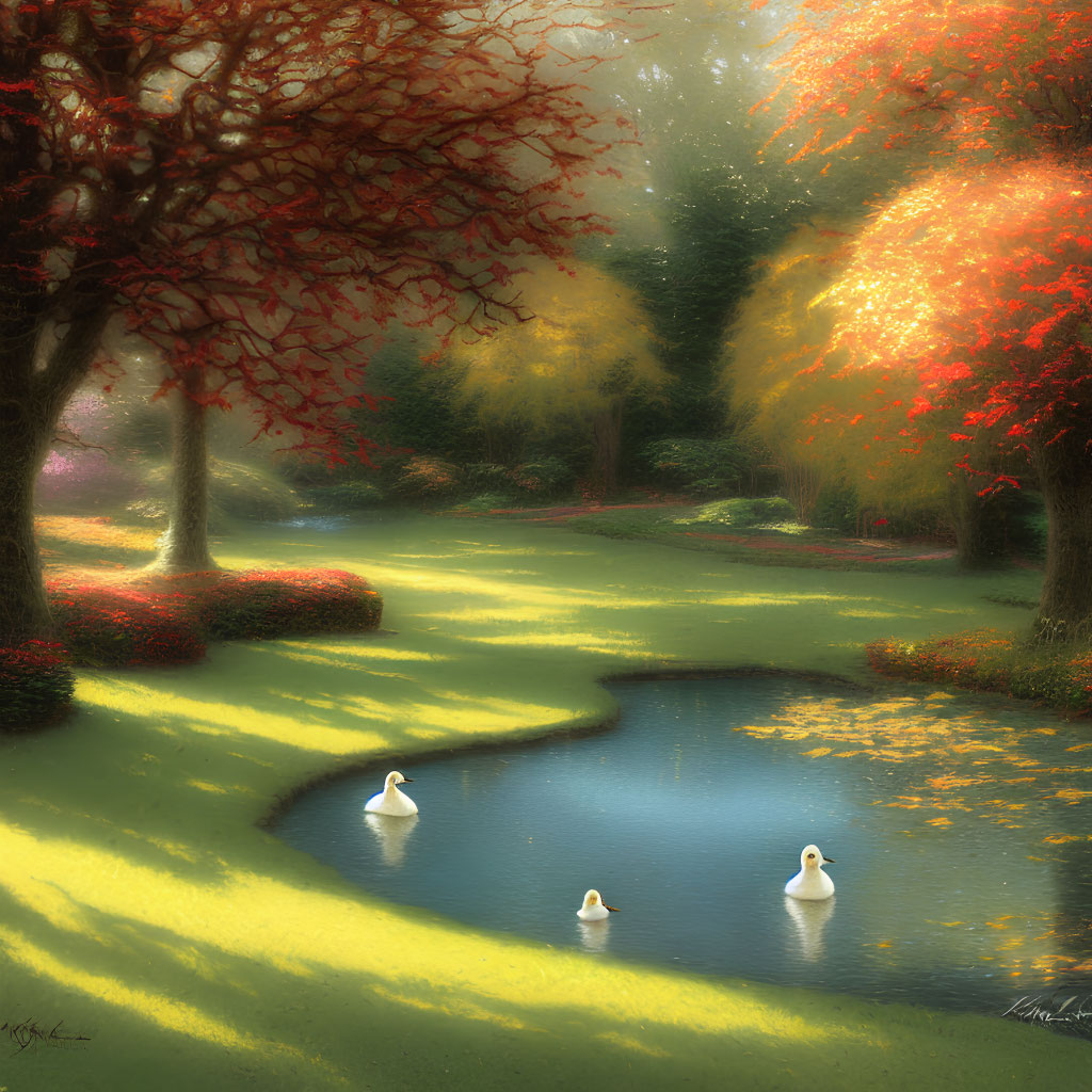 Tranquil autumn pond with ducks and colorful foliage