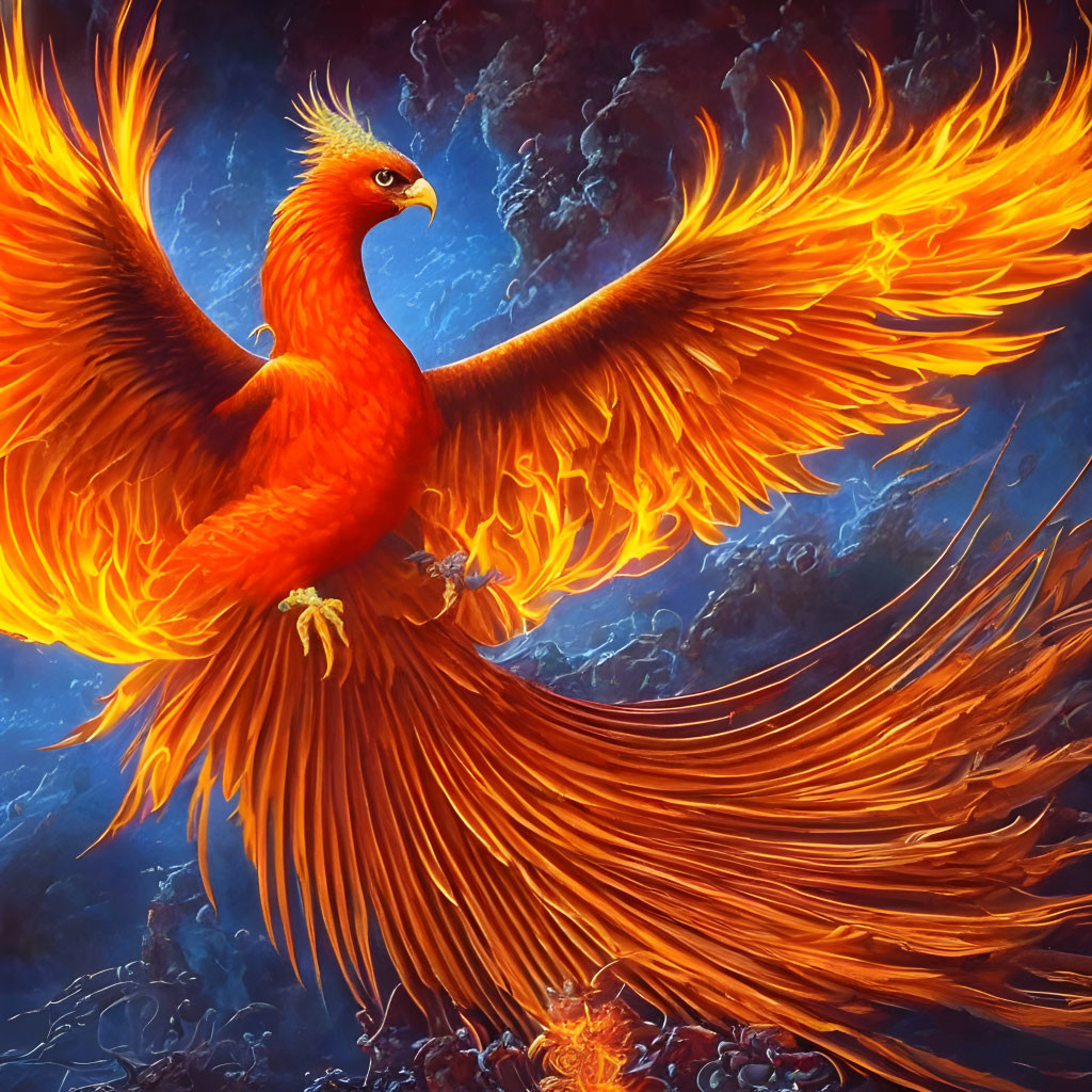 Mythical phoenix illustration with vibrant orange and red plumage on blue background