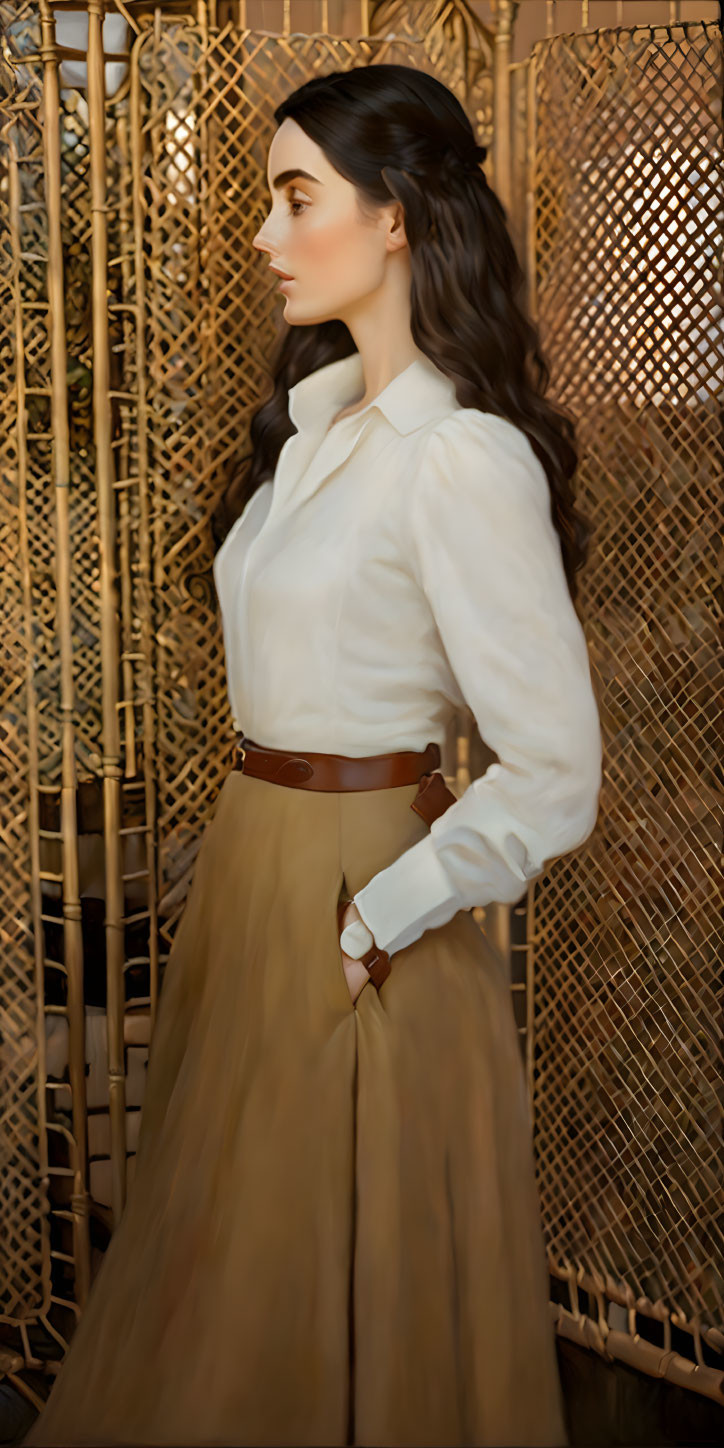 Vintage Woman in White Blouse and Tan Skirt Stands by Gold Ornate Screen