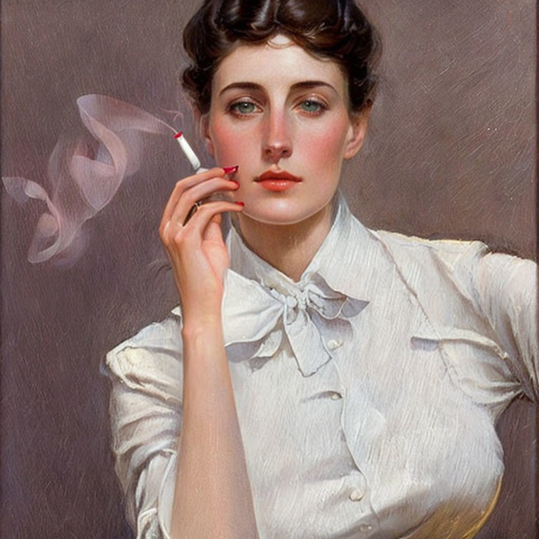 Vintage portrait of woman with cigarette, red lips, white blouse.