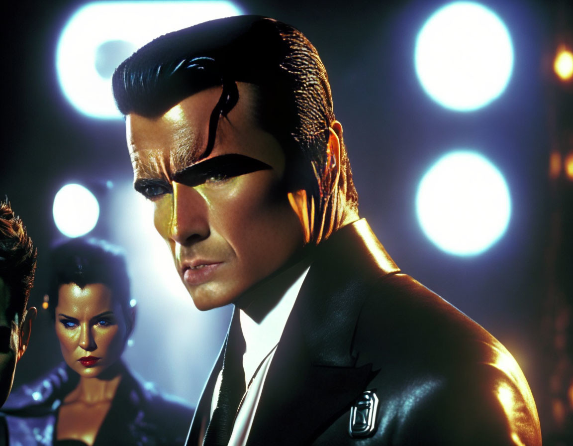 Stylized portrait of man with slicked-back hair and futuristic makeup next to woman with blue lighting