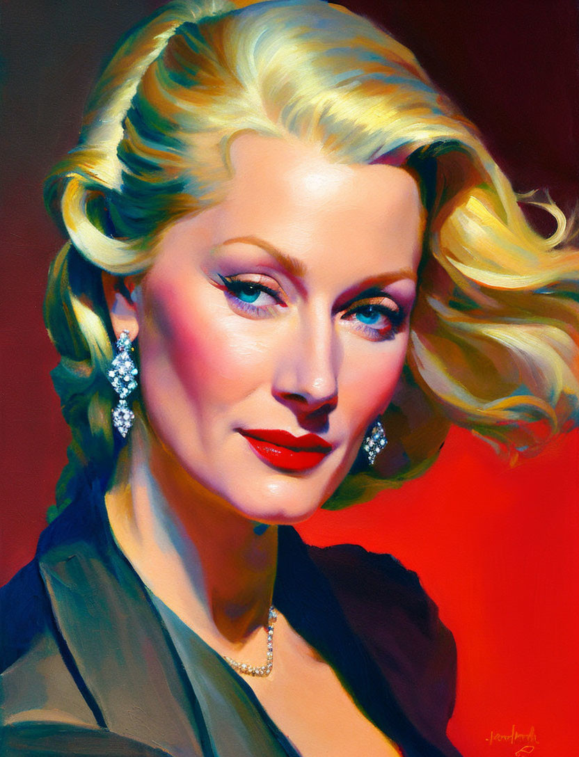 Blonde Woman Portrait with Red Lipstick and Elegant Jewelry