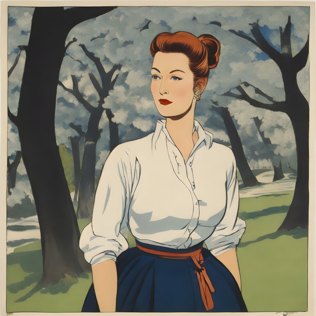 Stylized illustration of woman in updo hairstyle and white blouse, blue skirt, standing in park