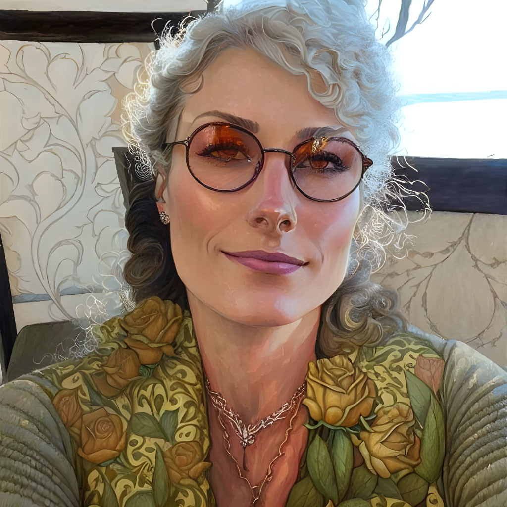 Curly grey-haired woman in floral garment and tinted glasses under warm lighting.