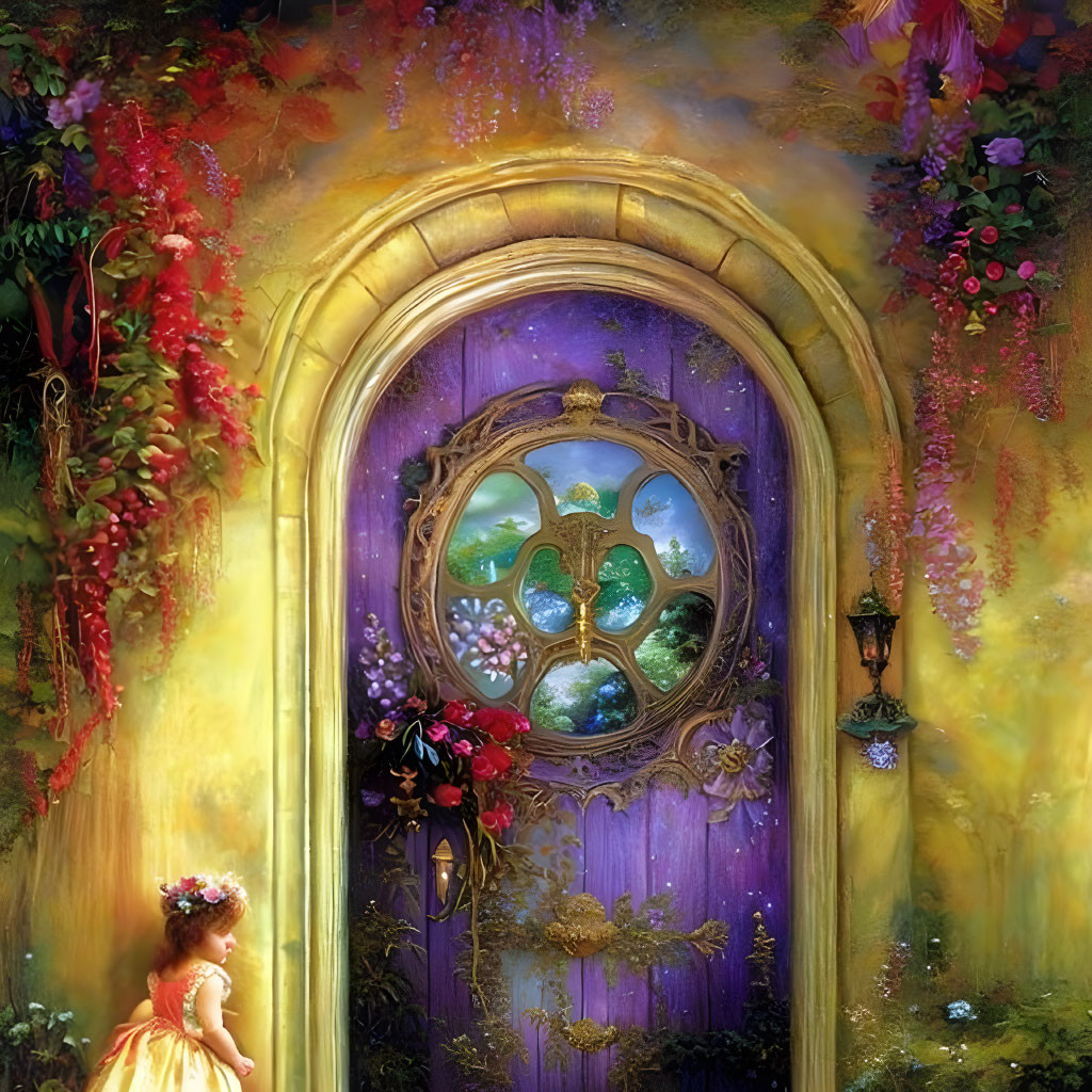 Young girl admiring vibrant door in whimsical painting