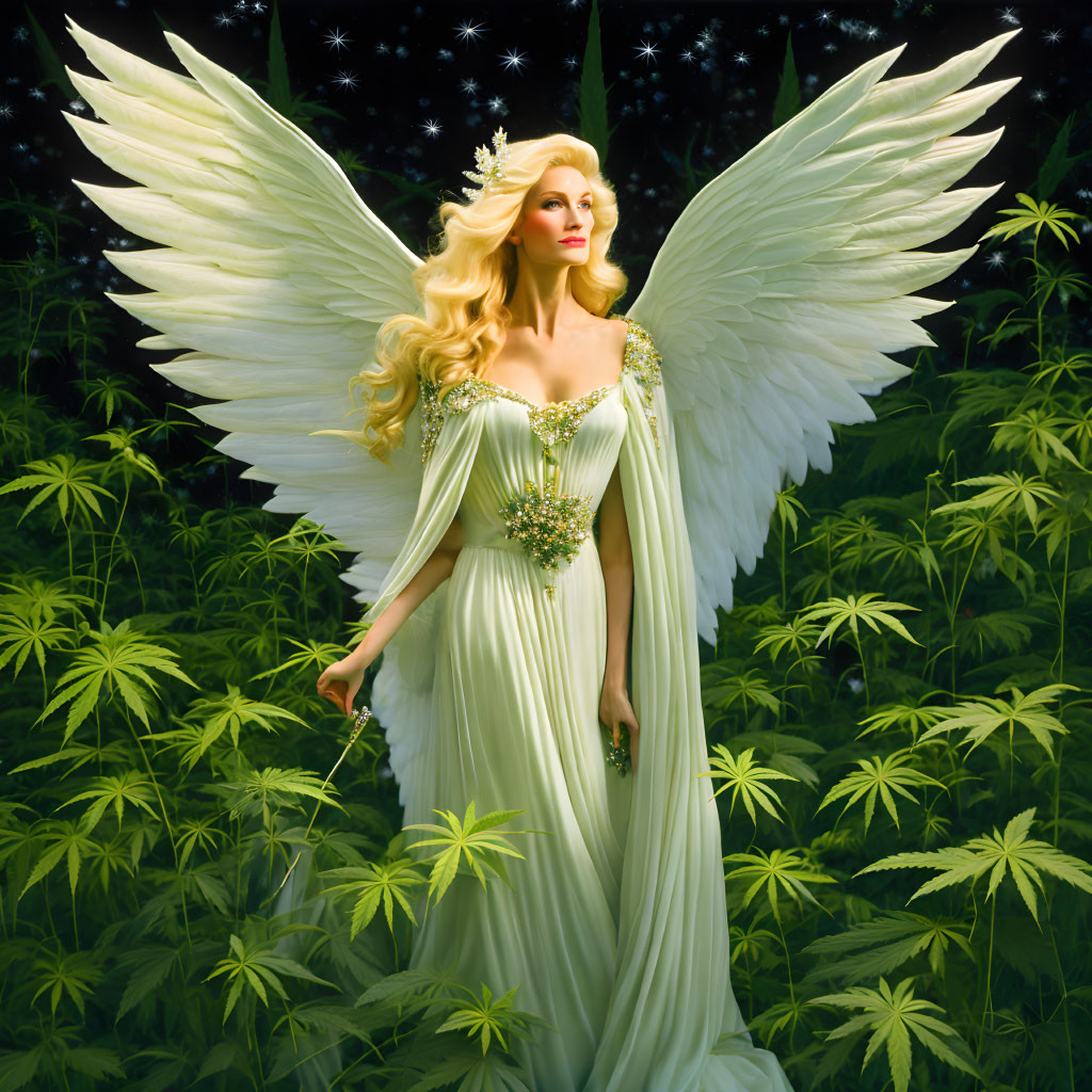 Digital artwork: Ethereal woman with white wings among cannabis plants under starry sky