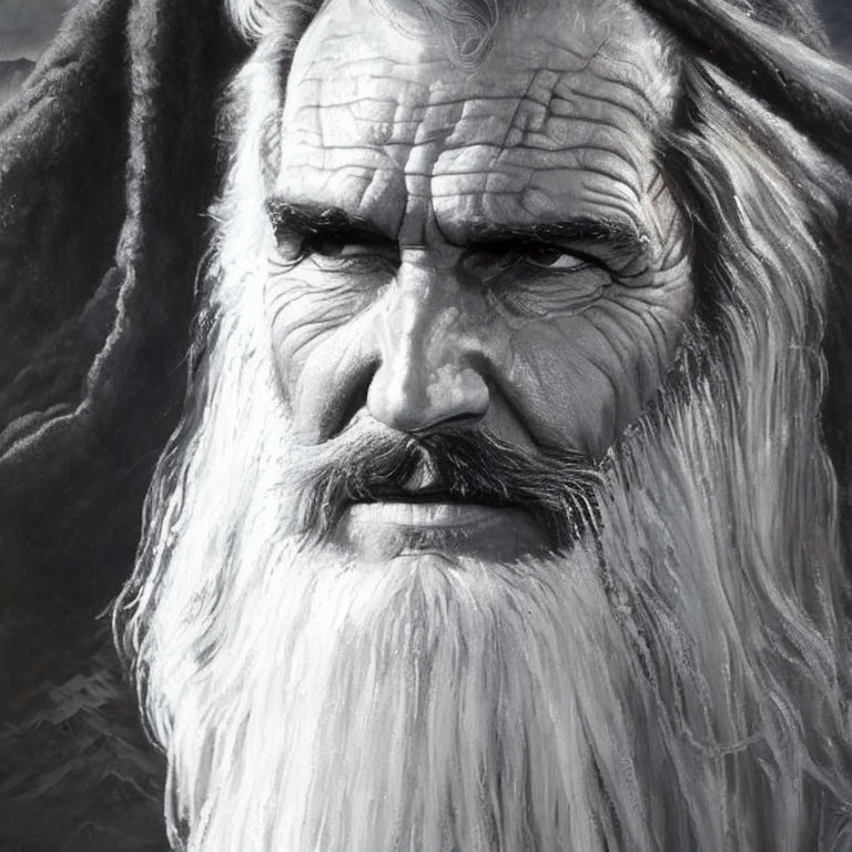 Detailed black and white drawing of elderly man with long beard and stern expression