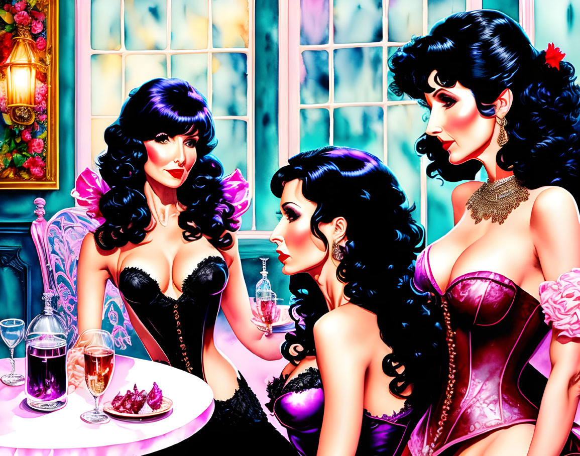 Stylized women in glamorous outfits at table by stained glass window