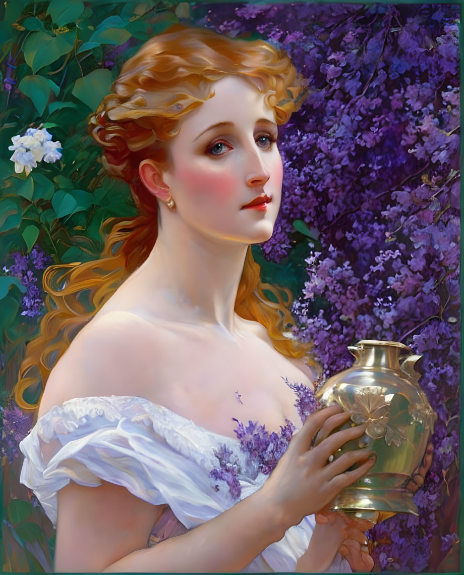 Blonde Woman in White Dress with Golden Jug Amid Purple Flowers