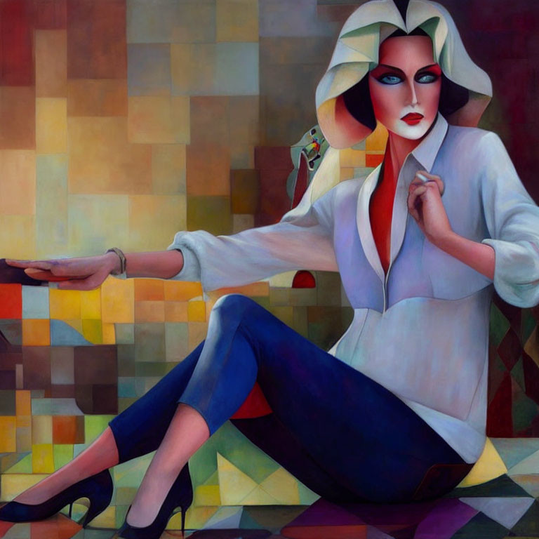 Vibrant painting of seated woman in bold makeup, white hat, suit, holding object, on