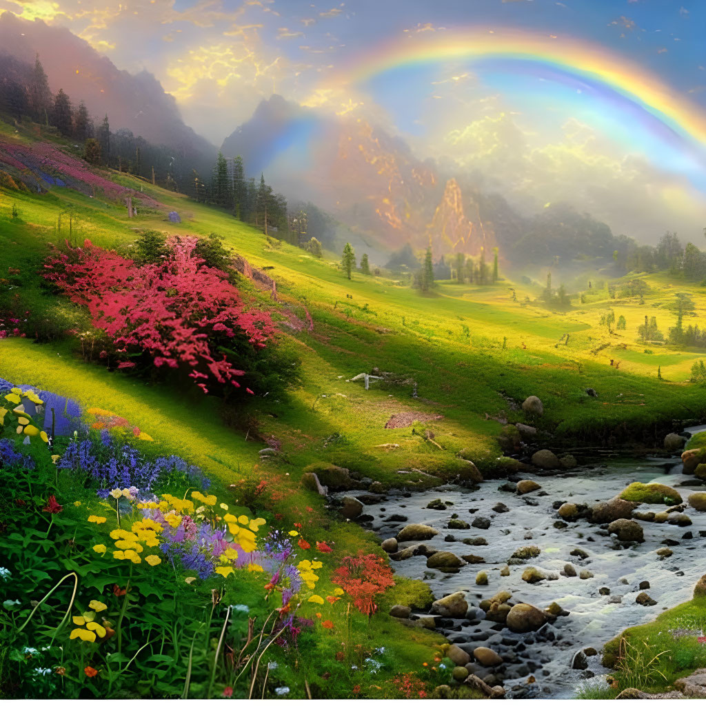 Colorful landscape with rainbow, blooming flowers, river, green field, mountains at sunset