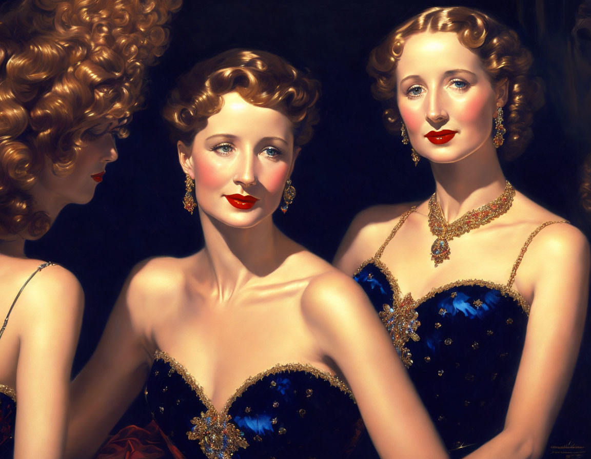 Sophisticated portrait of three women in sapphire blue gowns