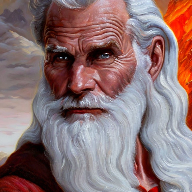 Elderly Man with White Beard, Blue Eyes, Red Cloak, Flames Background