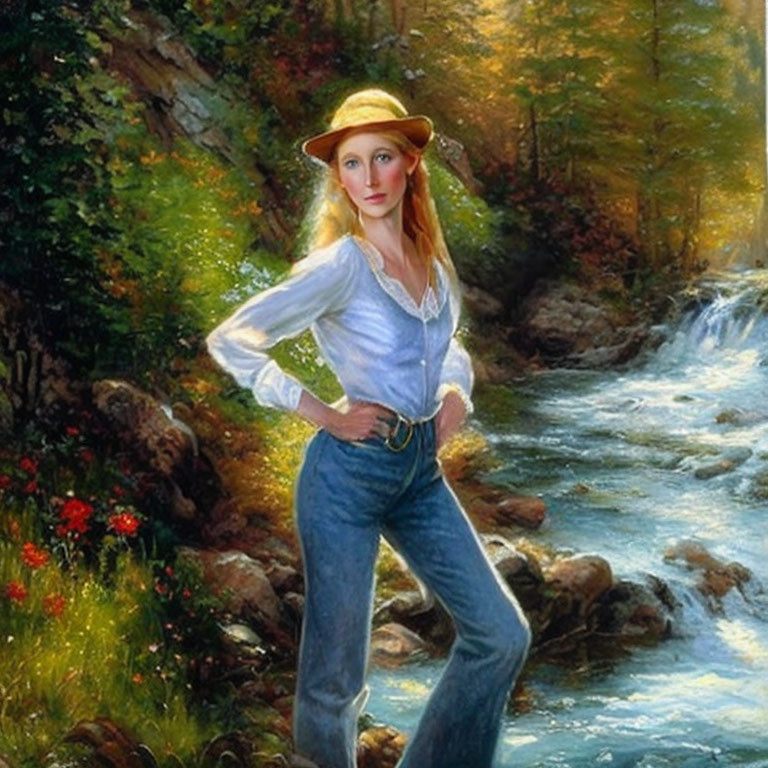 Woman in white blouse and jeans by sunlit stream