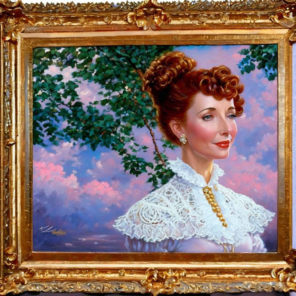 Portrait of woman with elegant updo, white lace collar, gold necklace, lush tree backdrop