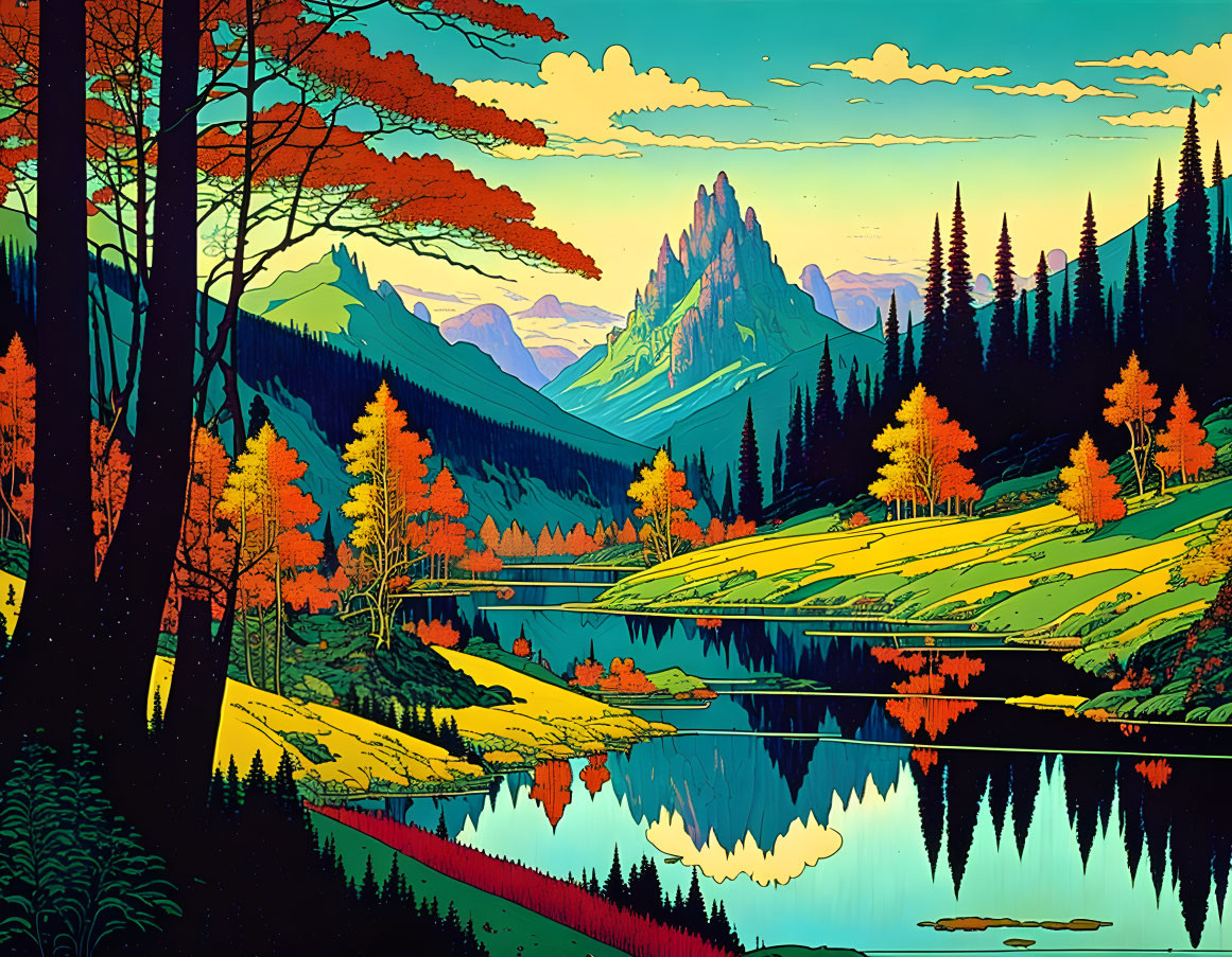 Mountainous landscape with autumnal trees reflected in calm river under orange and blue sky