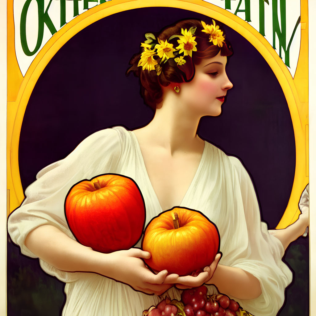 Vintage-style Woman with Floral Wreath and Fruits under "October Evening" Arch