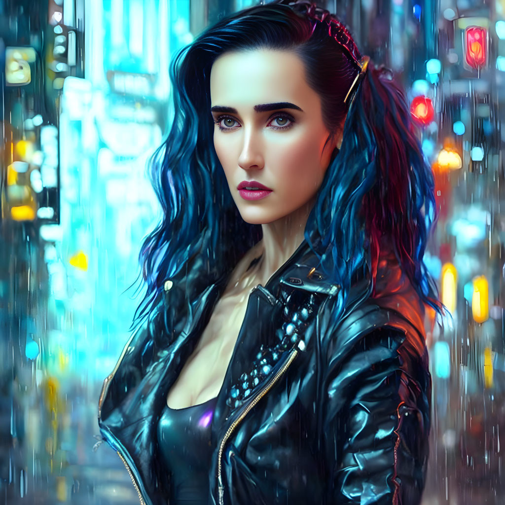 Blue-haired woman in leather jacket against neon-lit cityscape