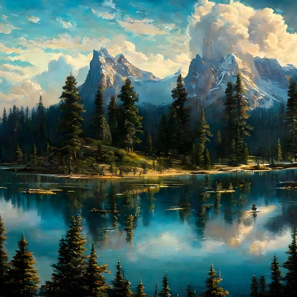 Tranquil lake landscape with forested mountains and person in boat