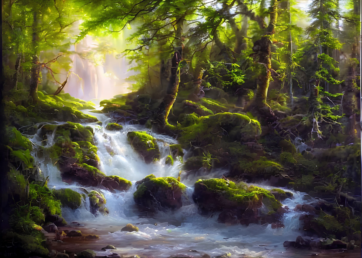 Tranquil forest with sunbeams, moss-covered rocks, and stream