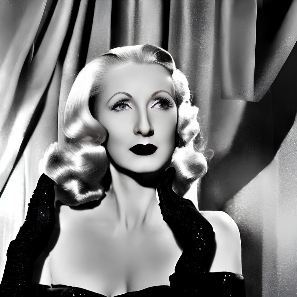 Vintage Hollywood glamour: Woman in black and white portrait with wavy blonde hair and elegant black dress