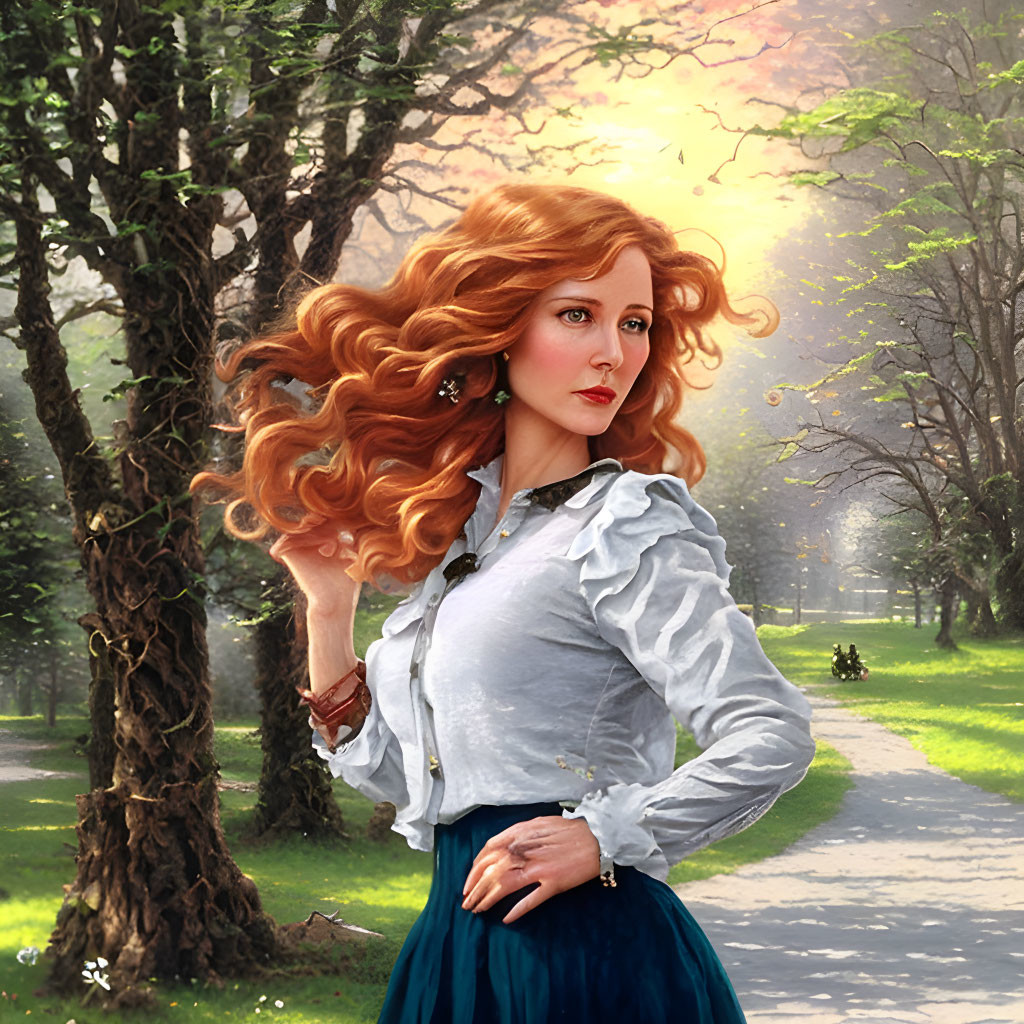 Woman with flowing red hair in ruffled white blouse and blue skirt in sunlit park.