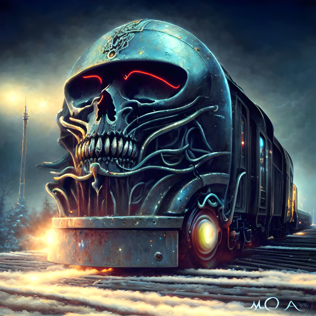 Skull-shaped locomotive train in snowy night landscape