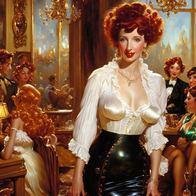 Vintage Attire: Elegant Woman in Tight Corset Surrounded by Finely Dressed Individuals