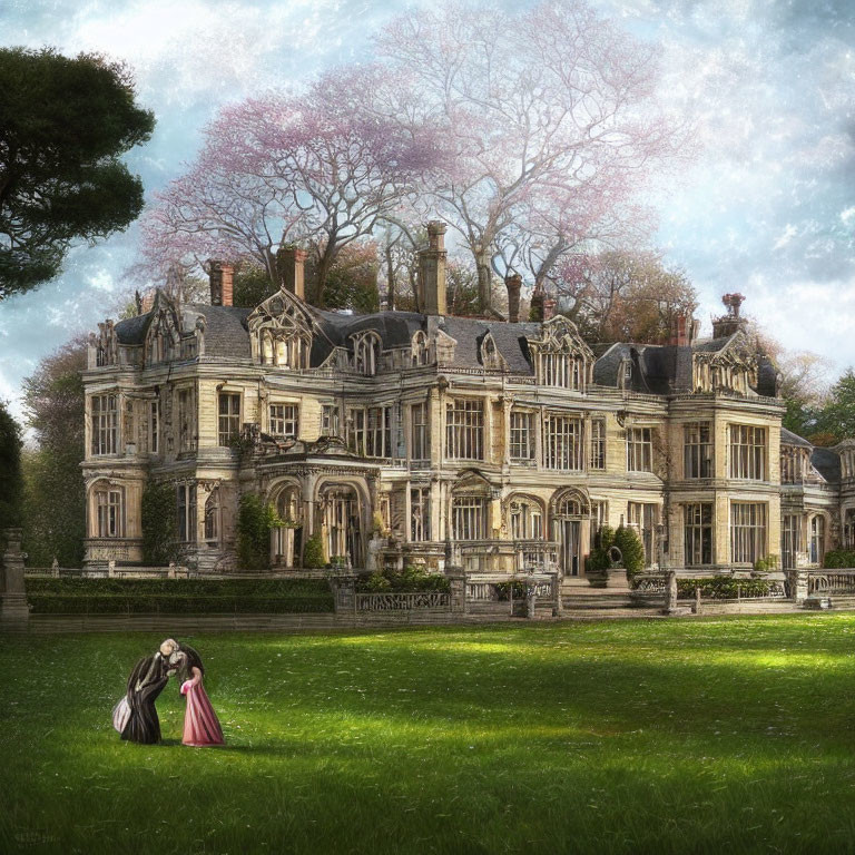 Vintage mansion with lush greenery and period attire individuals under scenic sky