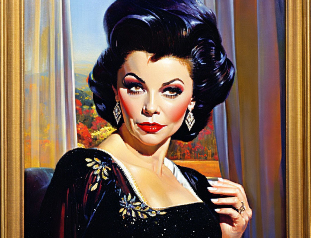 Colorful portrait of person with voluminous hairstyle and dark makeup in sparkly black outfit.