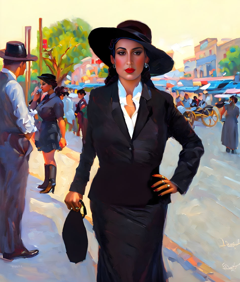 Confident woman in black suit walking in busy street scene